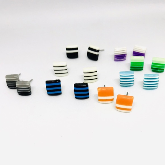 Green Striped Minimalist Repurposed Stud Earrings - Picture 9 of 16